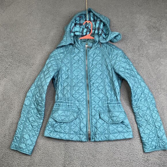 Burberry Jackets & Blazers - Burberry Brit Jacket Womens Small Teal Quilted Hooded Nylon Full Zip Plaid Lined